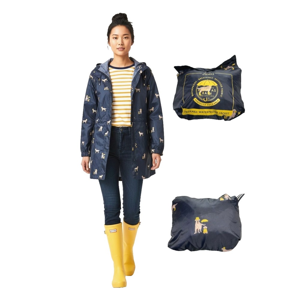 Joules Golightly Novelty Rain Coat Navy 8 Dogs Packable Waterproof Jacket EUC